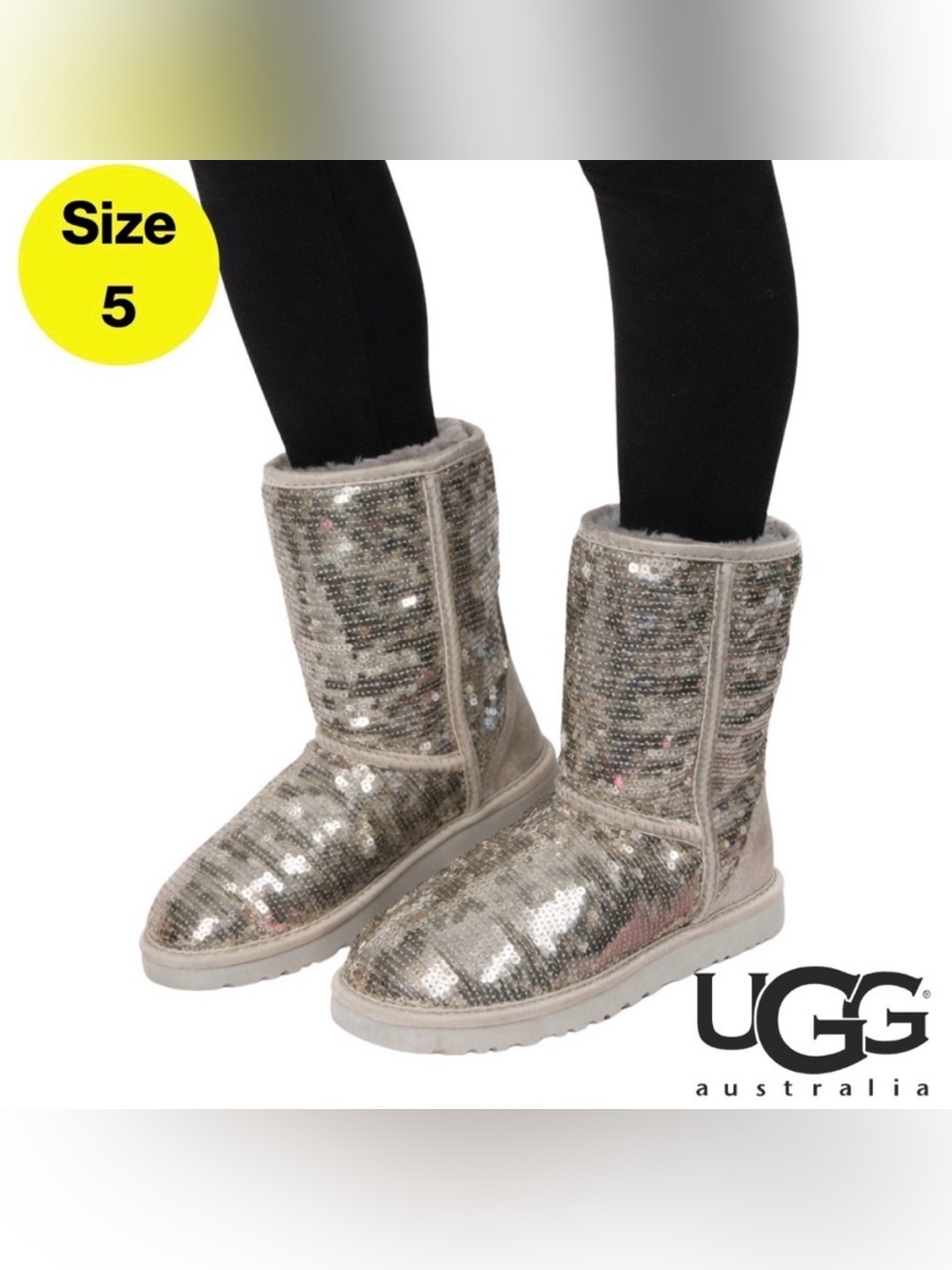 UGG 🌟 Women’s Glittering Gold Sequin Pull-On Fur Boots (Size 5)